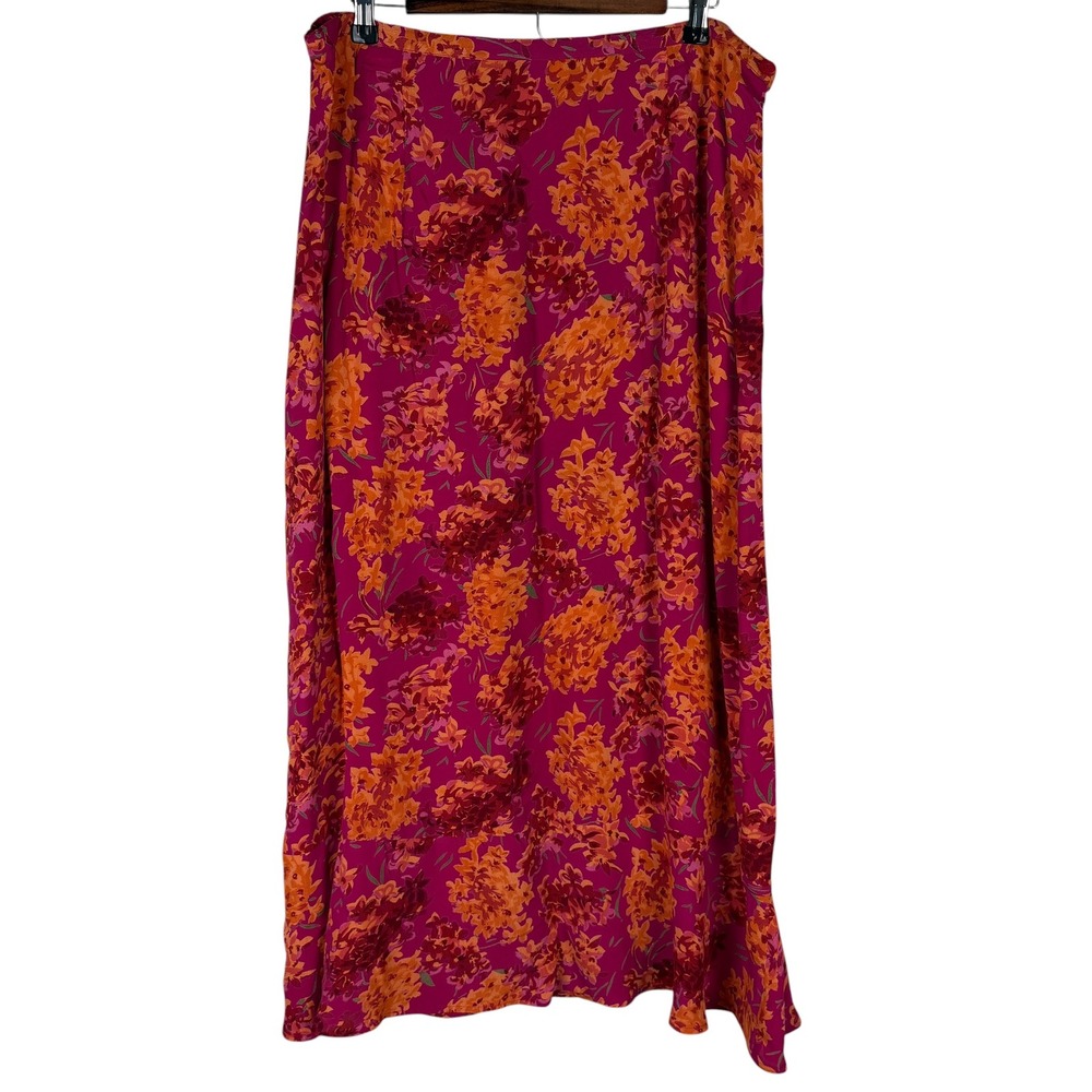JM Collection Women's 16 Floral Maxi Skirt Fuchsia Orange Rayon Boho Side Zipper